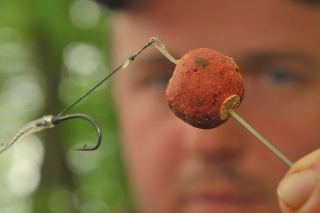 Ihlou prepichneme boilies presne v strede vyvŕtanej dierky a zachytíme západku do slučky.